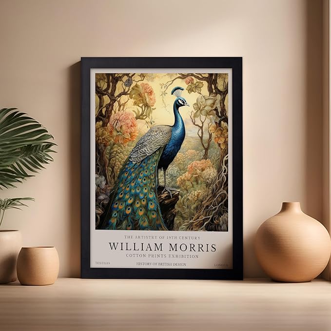 Poster Master William Morris Poster - Peacock Print - Bird Art - Botanical Design - Flower Art - Exhibition Display - Animal Illustration - Floral Design - Aesthetic Office or Bedroom Decor - 16x20 Black Framed