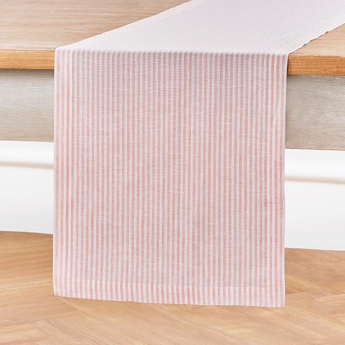 Solino Home 100% Linen Table Runner, 14 x 60 in, Peach and White Striped | Narrow Stripe, brings a tailored look to family meals and hosting, woven stripe, European flax fibres, OEKO-TEX Certified