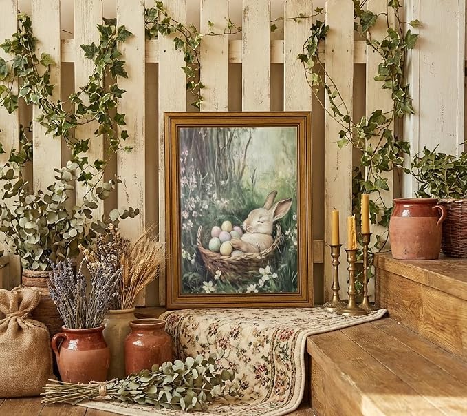 Rienkhu Vintage Easter Rabbit Canvas Wall Art Print Coloured Eggs and Bunny Painting Picture Farmhouse Home Wall Decor for Bedroom Room Living Home Decoration 12x16in