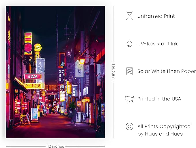 HAUS AND HUES Japanese Neon Wall Art - Anime City Poster, Cyberpunk Urban Wall Decor, Japanese Cityscape Art for Bedroom or Living Room, 12x16 Unframed