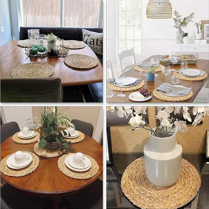 Defined Deco Woven Placemats Set of 4,12" Round Rattan Placemats,Natural Hand-Woven Water Hyacinth Placemats,Farmhouse Weave Place Mats,Rustic Braided Wicker Table Mats for Dining Table,Home,Wedding.
