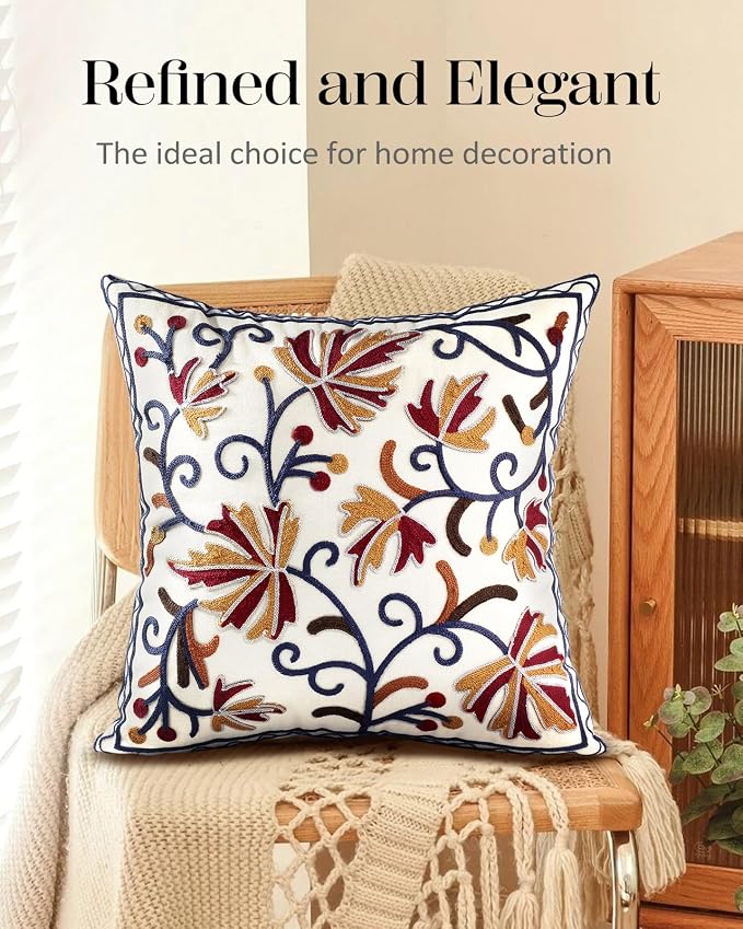 Embroidered Throw Pillow Cover - 18x18 Decorative Pillow Cover with Zipper Aesthetic Cute Design Boho Spring Summer Throw Pillowcase for Living Room Couch Sofa Bed, Fall Flower