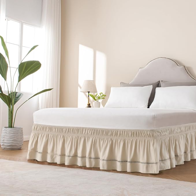 MIYE Wrap Around Ruffled Lace Bed Skirt, Elastic Dust Ruffle with Adjustable Belts, Easy to Put On, Bed Frame Cover, Machine Washable (Ruffled Lace/Beige, Full/Twin-12.5" Drop)