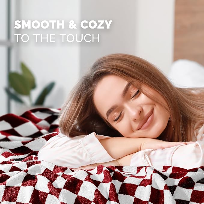 Elegant Comfort Premium Checkered Reversible Throw Blanket - Ultra Soft and Lightweight, Luxury Knitted Breathable Fleece for Couch, Bed, Sofa - Warm Velvet Fluffy Throw, 50 x 70 Inch, Burgundy