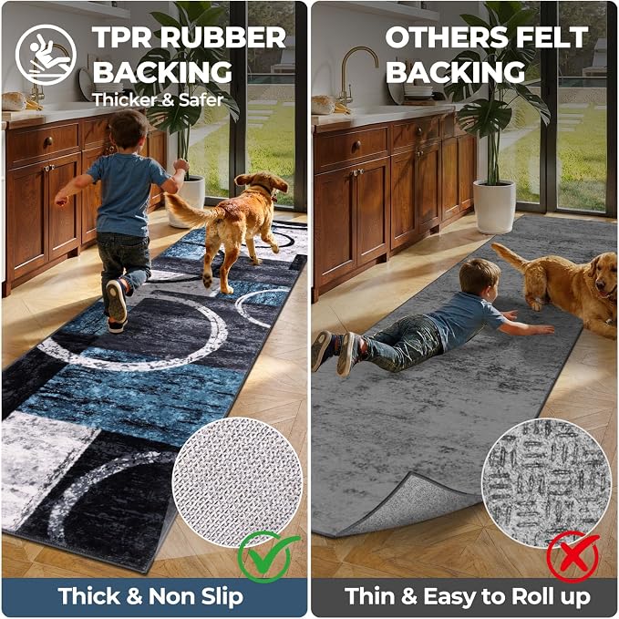 Yamaziot 2x10 Washable Modern Abstract Runner Rug Non-Slip for Hallways | Stain Resistant Kitchen Rug with Rubber Backing, Low Pile, Ultra Soft Carpet Runner for Bedroom, Laundry, Entryway, Blue