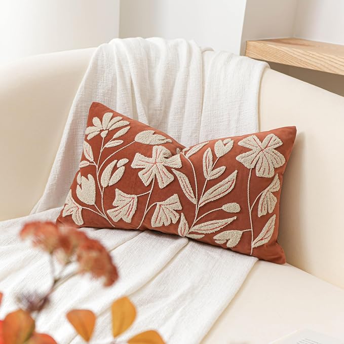 BlissBlush Lumbar Pillow Cover 12x20 Inch, Rust Terracotta Floral Tufted Velvet Decorative Accent Pillow Case for Sofa Bed Living Room, Cover Only