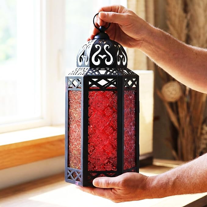 Vela Lanterns Decorative Indoor Red Gothic Fairy Light Candle Holder, L | Witchy Whimsigoth Fantasy Home Decor, Halloween Vampire Spooky, Moroccan Metal Hanging Flameless LED Lamp, 12" Tall