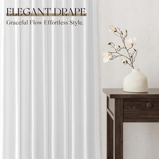 Jowels White Linen Curtains 90 Inch Long 2 Panels for Living Room | Light Filtering Semi Sheer Curtain, Back Tab Pocket Pleated Look, Boho Farmhouse Textured Privacy Drapes for Bedroom Window