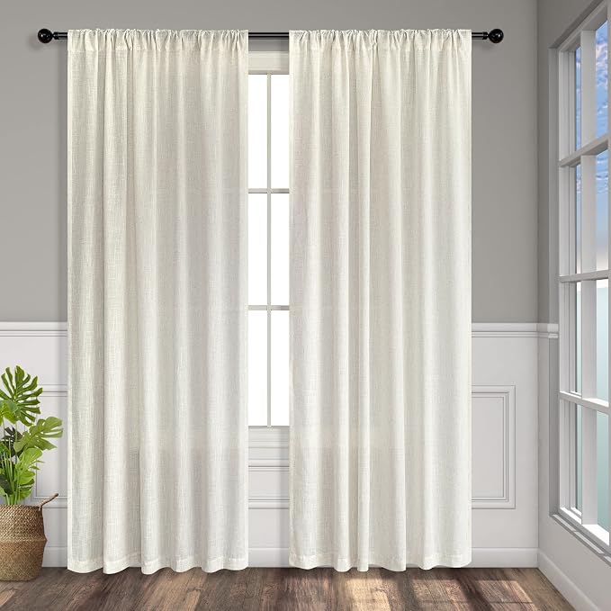 Natural Linen Curtains 45 Inch Length for Farmhouse 2 Panels Rod Pocket Back Tab Hanging Light Filtering Cafe Short Cream Curtains for Bathroom Small Windows Bedroom Dining Living Room Office