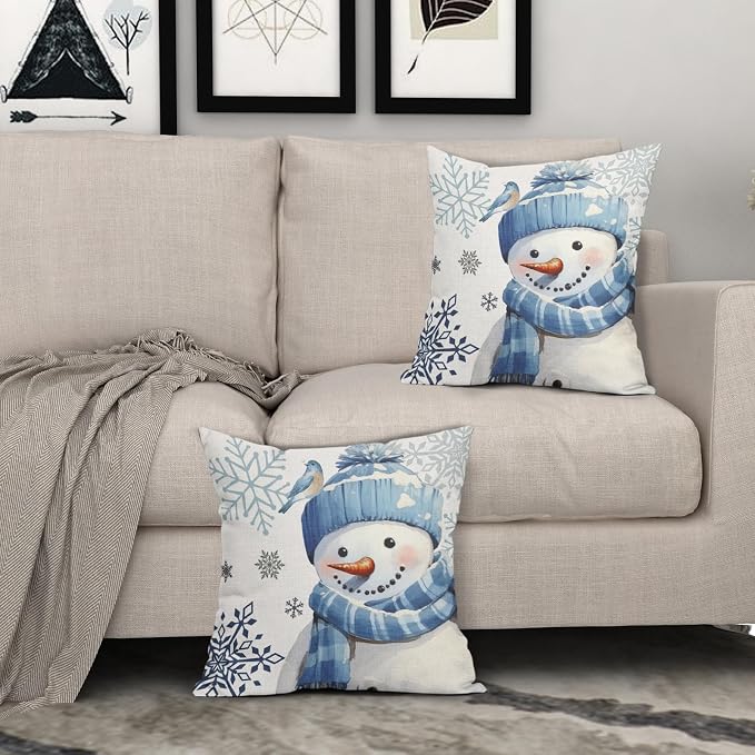 Kawani Winter Snowman Snowflake Pillow Covers 18x18 Inch Blue Christmas Throw Pillow Covers Set of 2 Xmas Winter Holiday Pillowcases Cotton Linen Cushion Covers for Couch Home Decor