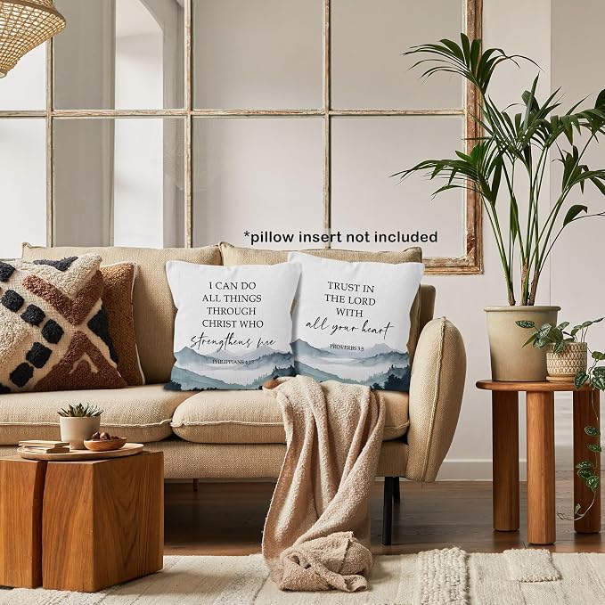 Boho Christian Bible Inspirational Throw Pillow Covers 18x18 Set of 2, Mountain Woodland Decor Pillow Cases Gifts for Bedroom Living Room, Philippians Proverbs Pillowcases for Couch Bed Sofa