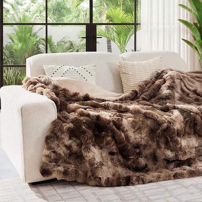 Lotus Karen Faux Fur Throw Blanket Tie-Dye Dark Coffee - Big Bubble Rabbit Fluff Blanket for Couch, Large Fluffy Fuzzy Cozy Blanket,Thick Furry Plush Shaggy Blankets,90x90 Inches