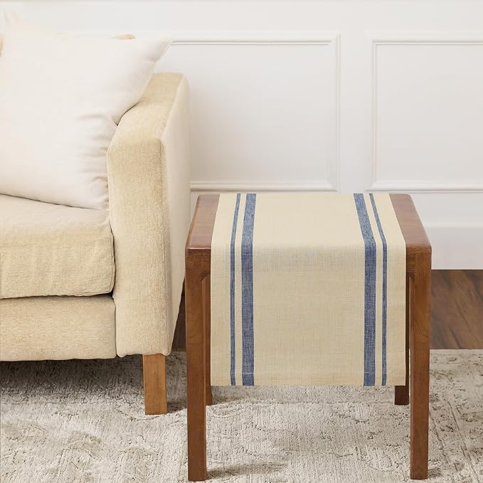 Solino Home 100% Linen Table Runner, 14 x 36 in, Navy and Natural Striped | French Stripe, styles dining tables for meals and celebrations, woven stripe, European flax fibres, soft, OEKO-TEX Certified