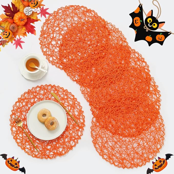 IcosaMro Tangerine Round Placemats Set of 12 for Dining Table, 13 Inches Paper Woven Boho Small Decorative Circle Place Mat for Wedding Christmas Thanksgiving Day Holiday Dinner, Orange