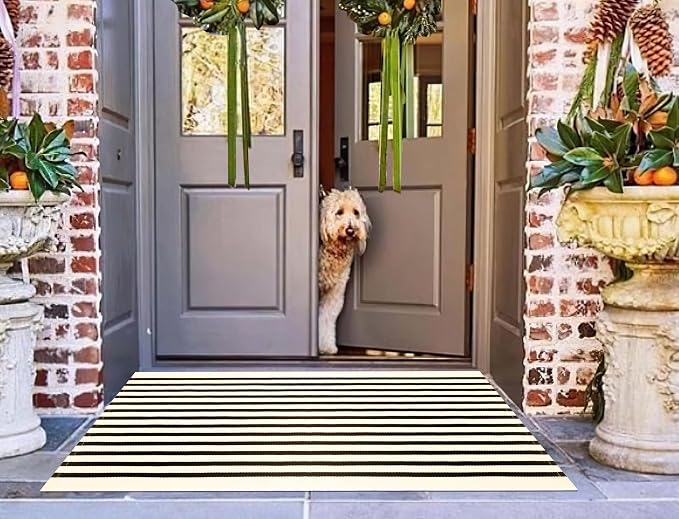 Black Beige Layered Doormat -2.3'x3.6' Striped Front Porch Rug Outdoor Washable Area Rug for Spring Welcome Mats Indoor Outdoor Doormat for Entryway Porch Entrance
