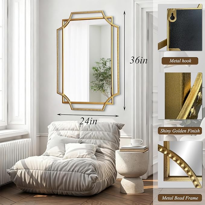 Gold Bathroom Mirror with Metal Frame 24"x36" Antique Beaded Decorative Wall Vanity Mirror Rectangle Polished Beveled Mirrors for Bedroom Entryway Fireplace