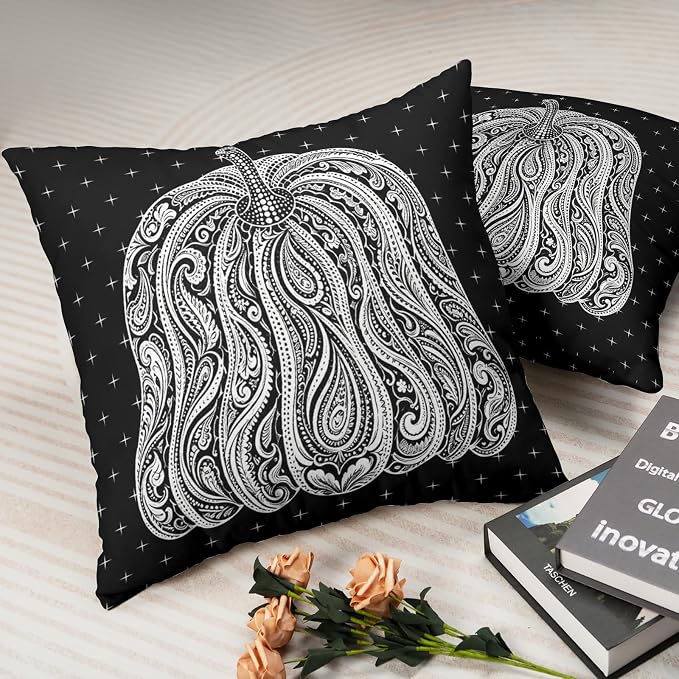 Black Pumpkin Fall Pillow Covers Autumn Thanksgiving Throw Pillow Covers 18x18 Set of 2 Harvest Pillow Cases Abstract Paisley Flower Cushion Cases for Sofa Patio Garden