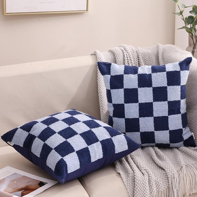Alysheer Checkered Embroidered Throw Pillow Covers 18"x 18" 2pc Navy Blue