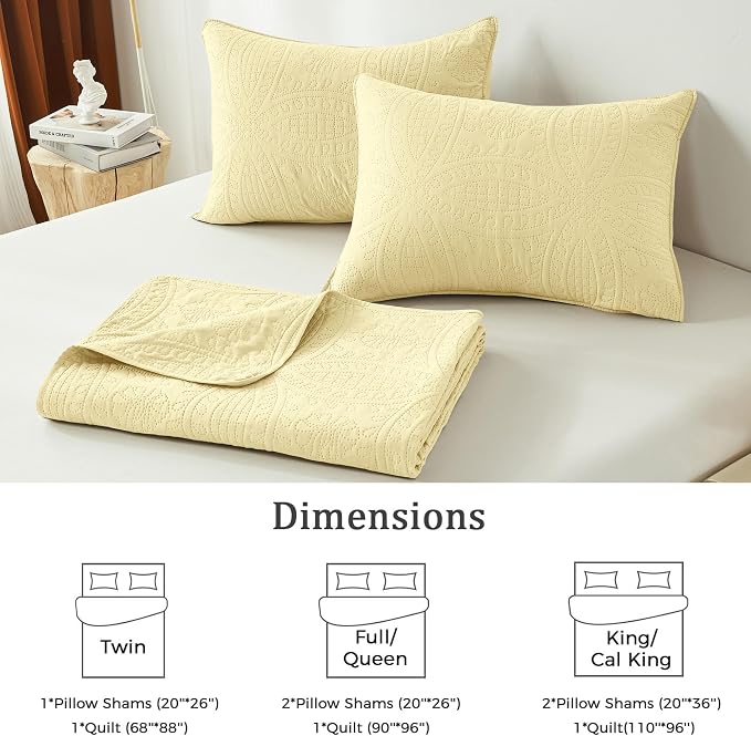 akkialla Butter Yellow King/Cal King Quilt Set,Ultrasonic Lightweight Bedspread Coverlet for Modern Minimalist Bedroom,Soft Microfiber Coin Pattern Bedding,3-Piece (1 Quilt,2 Pillow Shams)