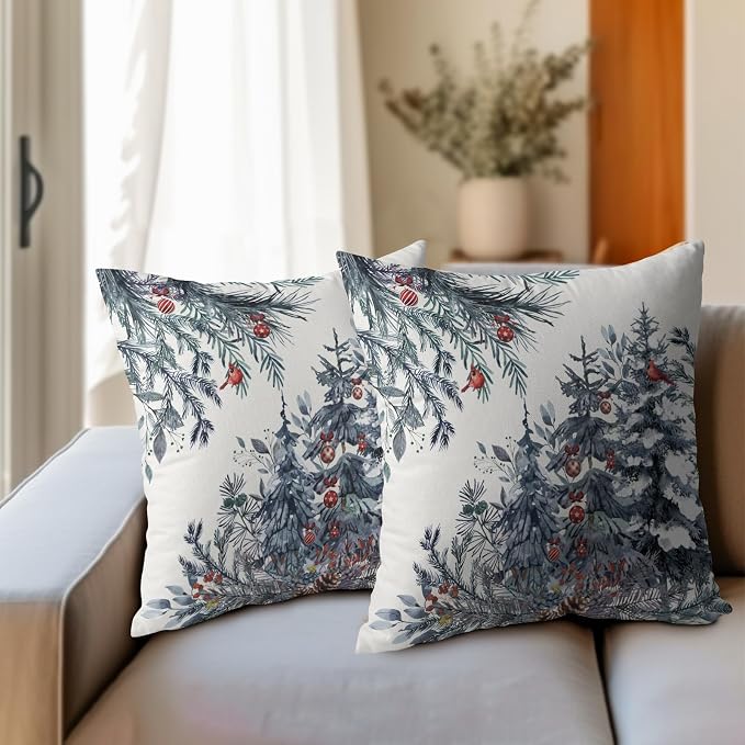 Christmas Tree Throw Pillow Covers 22x22 Inch Set of 2 Winter Watercolor Blue Grey Pine Trees Berry Bells Birds Decorative Pillowcase Xmas Holiday Cotton Linen Cushion Cover for Home Sofa Couch Patio