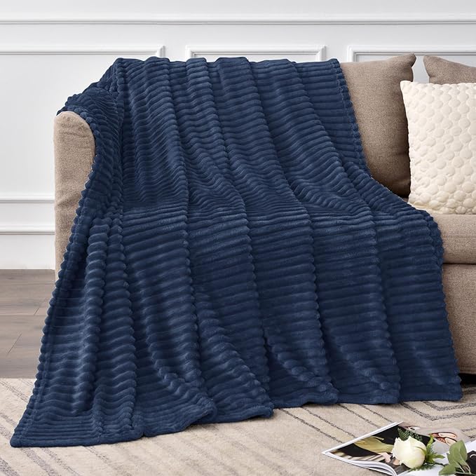 BEDELITE 3D Ribbed Jacquard Navy Fleece Twin Blanket for Bed, 60x80 Inch | Soft Warm Decorative Fluffy Blanket, Cozy Plush Lightweight Fuzzy Throw Blanket for Couch Sofa Room Decor, Gift for Women