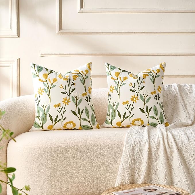 Embroidered Floral Throw Pillow Covers Flowers Decorative Couch Pillow Covers Farmhouse Green Floral Tufted Pillow Covers 18x18 Square Cushion Cases Set of 2 for Living Room Couch Sofa Bed Home Decor