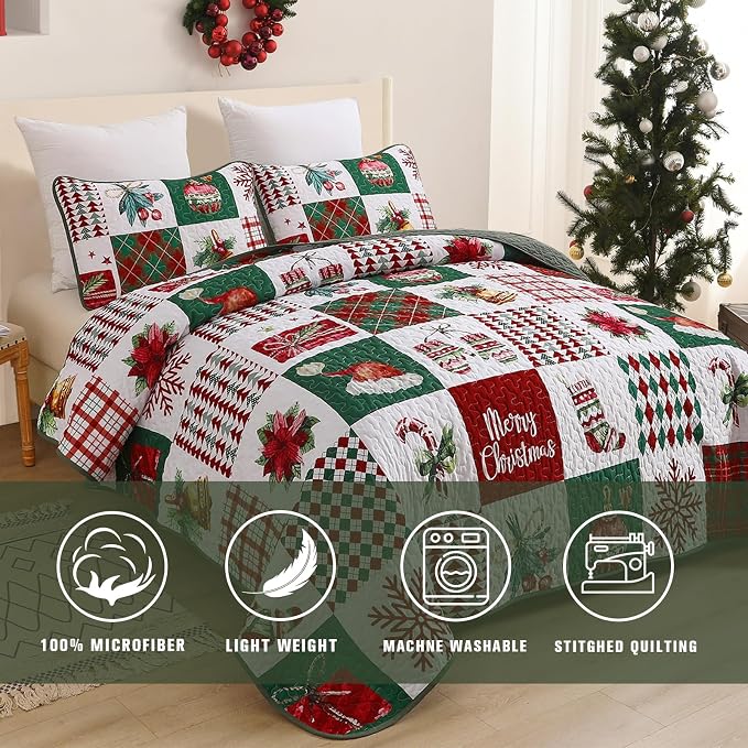Mybedsoul Christmas Quilt Set Queen Size, Christmas Patchwork Bedding Set | 3 Pieces Snowflake Wreaths Pine Holiday, Red Vanilla Grid Coverlet Bedspread Coverlet with 2 Pillowcases for All Seasons