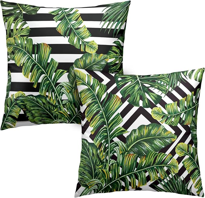 Tropical Green Banana Leaf Throw Pillow Covers Black and White with Stripe Pillowcase Square Decorative Cushion Cases Cotton Blend Outdoor Decor 20x20 in 2 Pcs for Beach Sofa Bed