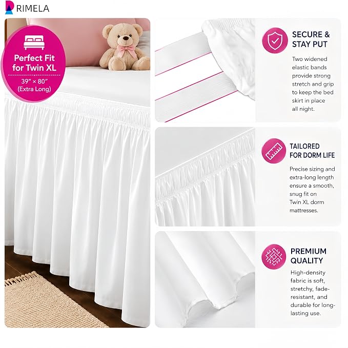 Dorm Bed Skirt Twin XL 36" Drop, College Dorm Room Essentials, White | Solid ruffled, Wrap-around/elastic, Wrinkle & Fade resistant, with Adhesive Strips, Gift Packed, Machine Wash/Tumble Dry/Iron
