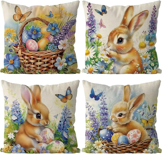 Easter Pillow Covers 18x18 Inch Set of 4 Bunny Eggs Throw Pillow Covers Easter Floral Butterfly Decorative Pillowcase Cushion Case for Home Sofa Living Room Farmhouse Decorations