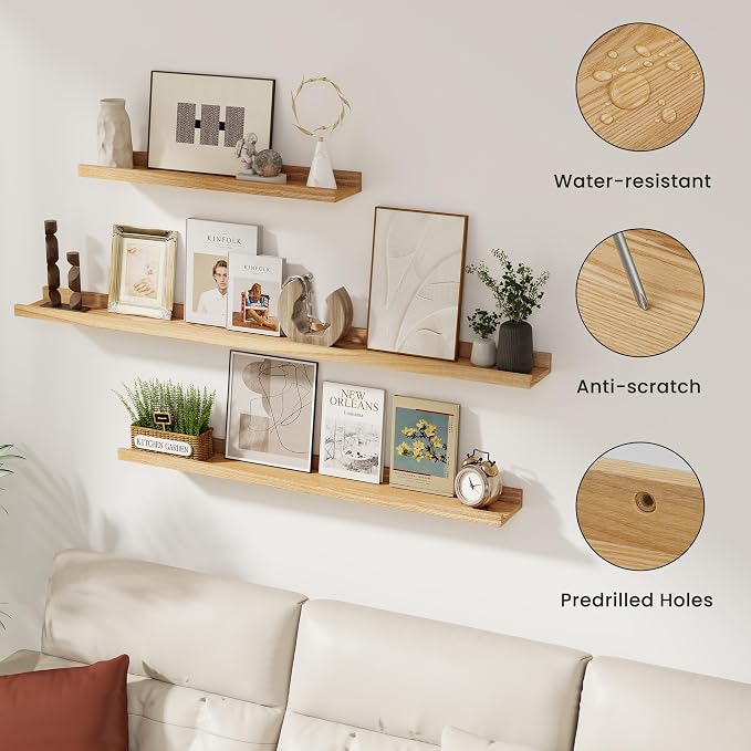 Acovy Solid Ash Wood Picture Ledge Shelf, Wood Floating Shelves Set of 2, 48 Inch Long Large Photo Ledge Shelves, Nursery Book Shelves Wall Mounted for Living Room Kids' Bedroom Decor, Natural