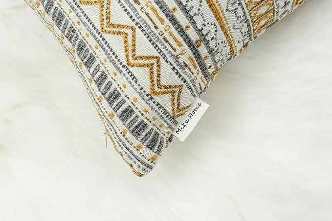 Mika Home Pack of 2 Throw Pillow Covers, Striped, 20x20 Inches, Gold Grey | Decorative Pillow Cases for Sofa Couch Bed, Bohemian Striped Geometric Pattern