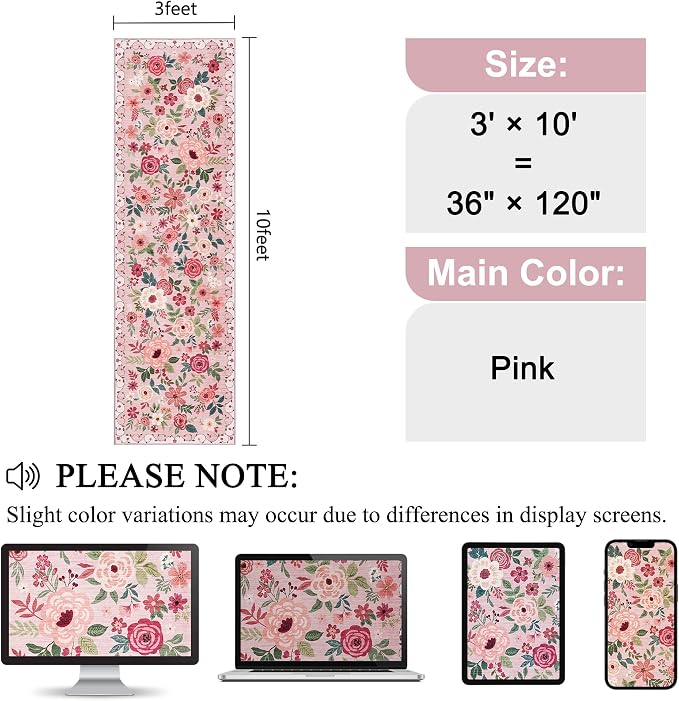 DUKINO 3x10 Runner Rug, Floral Washable Kitchen Runner Rug Non Slip, Pink | Soft, Low Pile, Stain Resistant Indoor Rug Runner for Hallway, Entryway, Bedroom, Bathroom, Modern Home Decor, Pet Friendly
