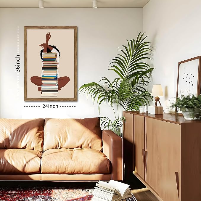 AKWISH Wood Framed Black Girl Canvas Wall Art – African American Wall Decor, Modern Black Woman with Book Art for Bedroom Living Room – 36x24 inch
