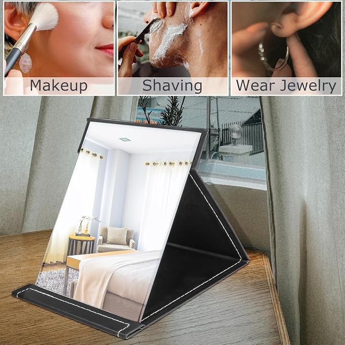 7x10 Inches Makeup Mirror, Portable PU Leather Folding Desktop Vanity Mirror with Adjustable Stand for Vanity Table, Office, Travel (L, Black)