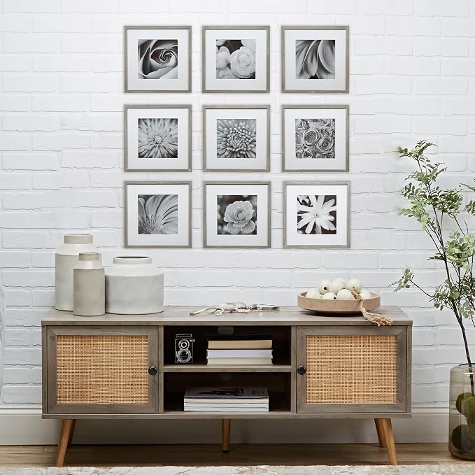 GALLERY PERFECT 12x12 Picture Frames, 9 Piece Set with Real Glass Cover for 8x8 Photos With Mat, Picture Frames Collage Wall Decor for Gallery Wall, Home Decor, Grey
