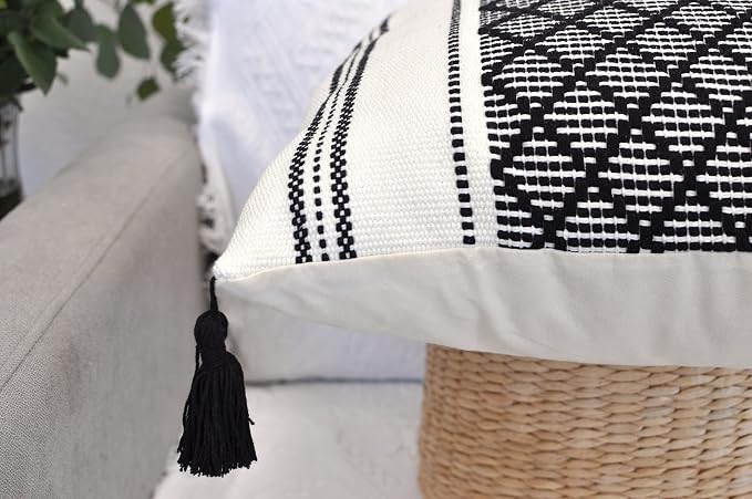 Boho Decorative Lumbar Pillow Covers with Tassels Black and White 12x20 inch -Set of 2 / Small Rectangle Cushion Covers for Couch Sofa/Farmhouse Woven Pillow Cases/Accent Cushion Covers