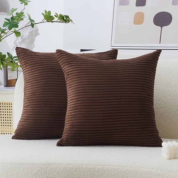 Home Brilliant 24x24 Pillow Covers Set of 2 Striped Corduroy Plush Velvet Euro Sham Large Throw Pillow Cover for Chair, 24 x 24 inch, Brown