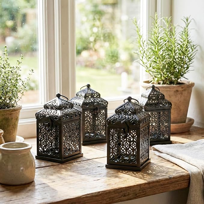 VELA LANTERNS Mini Tower Temple Moroccan Lantern Lamp Decorative Candle Holders for Ramadan Decorations, Hanging, Outdoor Patio or Porch, Indoor Home Decor, Black, Set of 4