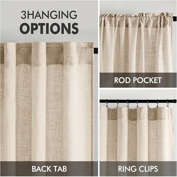 MIULEE Light Taupe Linen Curtains 52x90 Inch Long for Bedroom Living Room | 2 Panels, Soft Linen Textured Window Drapes, Semi Sheer Light Filtering, Back Tab Rod Pocket, Farmhouse Modern Burlap Look