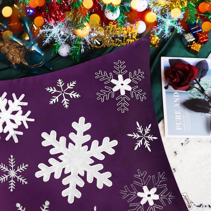 BRAWARM Christmas Pillow Cover 20 X 20 Inches, Purple Snowflake Embroidered Pillow Cover, Soft Velvet Decorative Throw Pillow for Couch Bed Sofa Living Room Home