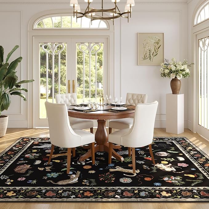 Rugcomf Area Rugs 9x12 Living Room Clearance Washable Boho Rug Non Slip Floral Animal Cat Vintage Low Pile Large Rug for Living Room Bedroom Farmhouse Dining Room Kids Playroom, Black