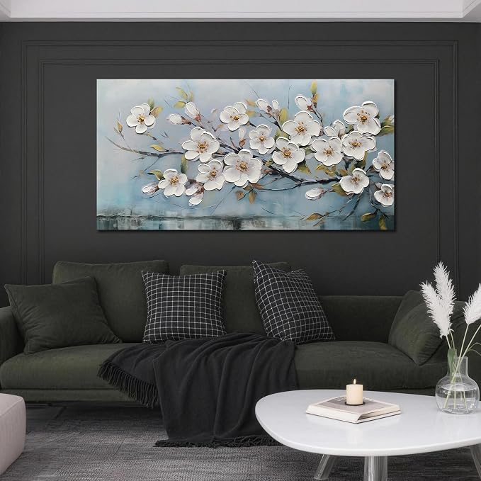 Anolyfi Cherry Blossom Flowers Textured Wall Art for Living Room 58"x29" | HD Print and Hand-painted Textured, Easy to Hang,Durable Colorfast, Large Floral Wall Art for Dining Room Office Home Decor