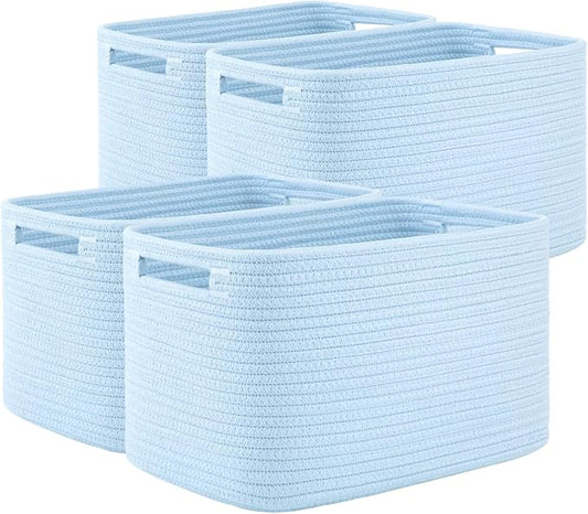 OIAHOMY 4 Pack Storage Baskets for Organizing 15L Storage Bins Light Blue | Woven Baskets for Storage Rectangle Small Baskets With Handles Baskets for Shelves Wicker Baskets for Shelves 12.7x9x7.8inch