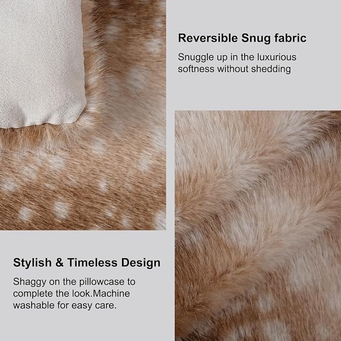 cygnus Faux Fur Deer Print Pillow Covers 20x20 | Antelope Pillow Covers Fluffy Fuzzy Animal Print Decorative Square Cushion Covers for Couch Sofa Living Room Bedroom Decor