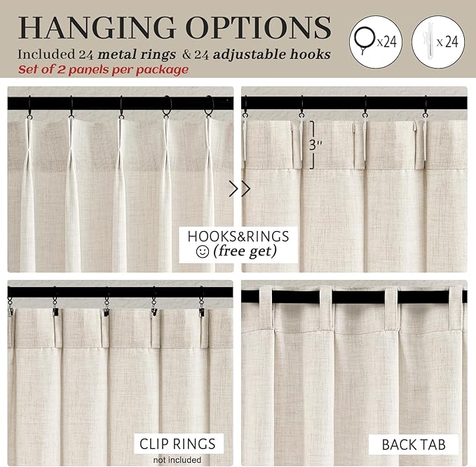 60 Inch Wide 96 Inches Long Natural Linen Light Beige Patio Curtains for Sliding Glass Door, Neutral Pinch Pleated Light Filtering Bedroom Sheer Aesthetic Windows Curtain & Drapes Back Tab 2 Panel Set