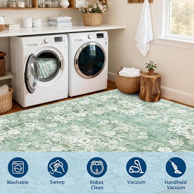 GarveeHome 8x10 Bedroom Rug Botanical Bordered Sage Green Floor Cover | Vintage Distressed Leaf and Flower Rugs Low Pile Machine Washable Non-Slip Floral Area Rug for Living Room Guest Room Office