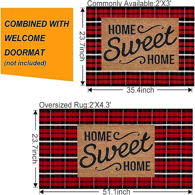 Christmas Outdoor Rugs 24 x 51''Black Red Buffalo Plaid Front Porch Rug Hand-Woven Machine Washable Indoor/Outdoor Layered Door Mats for Entryway/Bedroom/Outdoor
