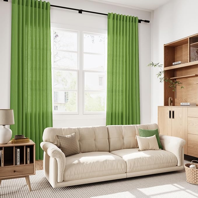 Lime Green Linen Blend Light Filtering Back Tab Curtains 102 Inches Long, Semi Sheer Privacy Drapes for Living Room & Bedroom, 52x102 inch, 2 Panels