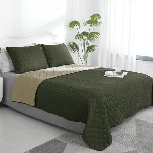 Easy-Going Reversible Quilt Set Full/Queen, Bedspread with 2 Shams | Army Green/Beige, Lightweight Bed Comforter, 1 Quilt + 2 Pillow Shams, All-Season Coverlets for Bedroom